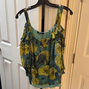 Nanette Lepore Floral Ruffle Blouse - Teal and Yellow